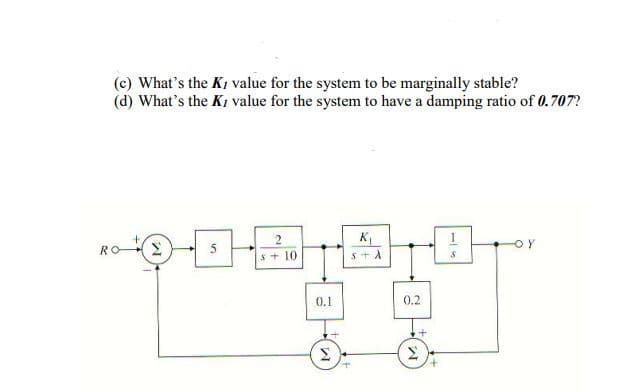 (c) What's the Ki value for the system to be marginally stable?
(d) What's the K1 value for the system to have a damping ratio of 0.707?
2
K
5
*+ 10
s+A
0.1
0.2
シ
in
