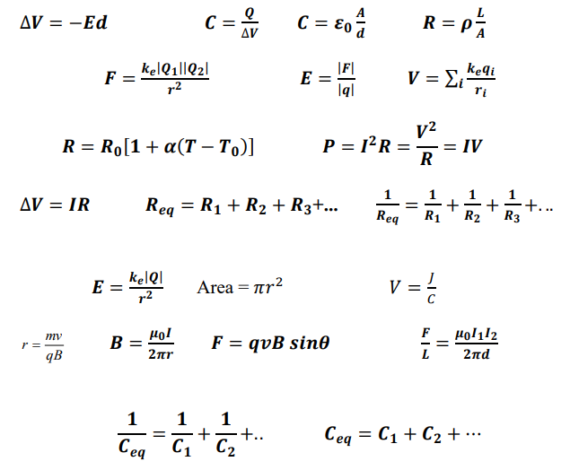 AV = -Ed
C = € °
å
R = PĀ
Δν
kelQ1||Q2l
r2
V = E, keqi
ri
F
E
Iql
v2
P = 1²R =
= IV
R
R = Ro[1+a(T – To)]
1
+
R1
1
+...
R3
AV = IR
Reg = R1 + R2 + R3+...
Req
kelQl
E =
r2
Areaπr2|
V = !
Hol
B =
2ar
F
Holil2
mv
r =
qB
F = qvB sin0
- %=
L
2nd
1
1
+
C1
1
Ceg = C1 + C2 + ….
Ceq
||
