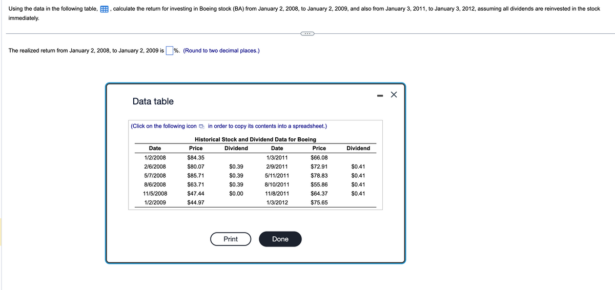 Using the data in the following table, calculate the return for investing in Boeing stock (BA) from January 2, 2008, to January 2, 2009, and also from January 3, 2011, to January 3, 2012, assuming all dividends are reinvested in the stock
immediately.
The realized return from January 2, 2008, to January 2, 2009 is %. (Round to two decimal places.)
Data table
(Click on the following icon in order to copy its contents into a spreadsheet.)
Historical Stock and Dividend Data for Boeing
Dividend
Date
1/3/2011
2/9/2011
5/11/2011
8/10/2011
11/8/2011
1/3/2012
Date
1/2/2008
2/6/2008
5/7/2008
8/6/2008
11/5/2008
1/2/2009
Price
$84.35
$80.07
$85.71
$63.71
$47.44
$44.97
$0.39
$0.39
$0.39
$0.00
Print
Done
Price
$66.08
$72.91
$78.83
$55.86
$64.37
$75.65
Dividend
$0.41
$0.41
$0.41
$0.41
X