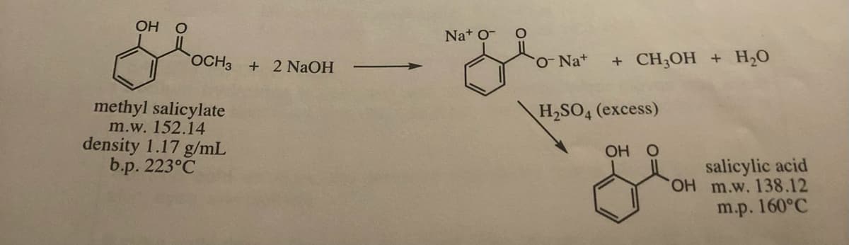 ОН О
Nat o-
OCH3
+ 2 NAOH
-Na+
+ CH;OH + H2O
methyl salicylate
m.w. 152.14
density 1.17 g/mL
b.p. 223°C
H2SO4 (excess)
OH O
salicylic acid
H m.w. 138.12
m.p. 160°C
