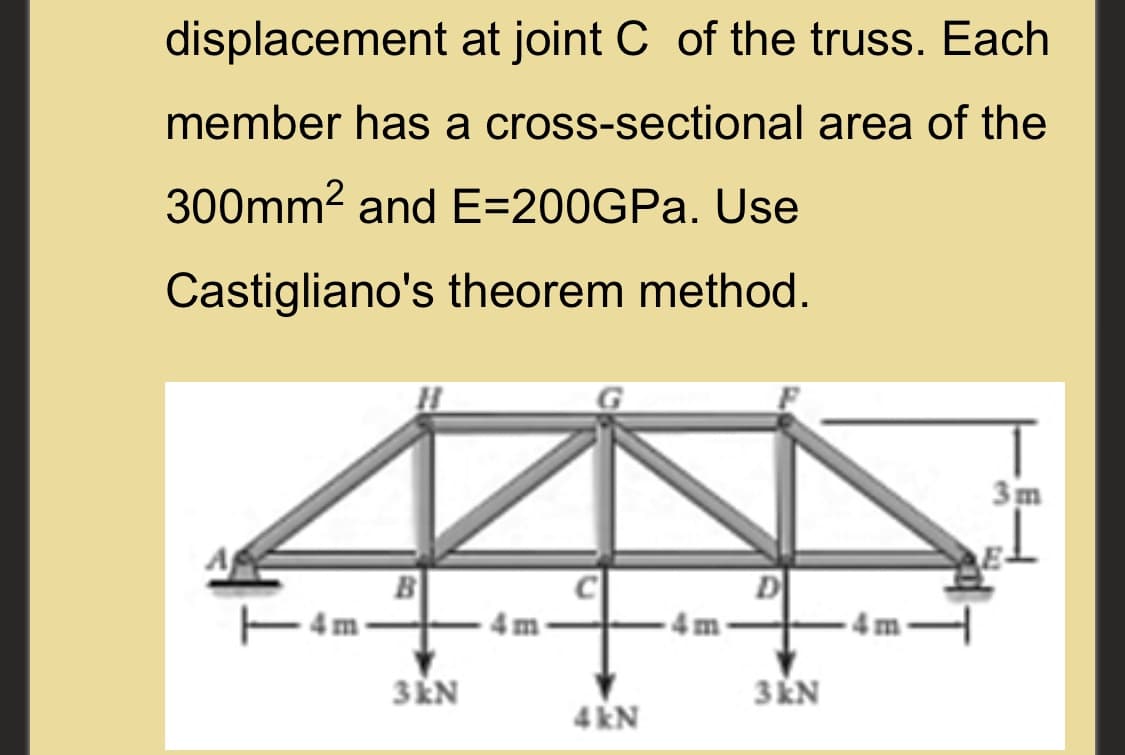 displacement at joint C of the truss. Each
member has a cross-sectional area of the
300mm2 and E=200GPA. Use
Castigliano's theorem method.
3m
D
B
E4m-
- 4 m -
4m
3ÉN
3ÉN
4 kN
