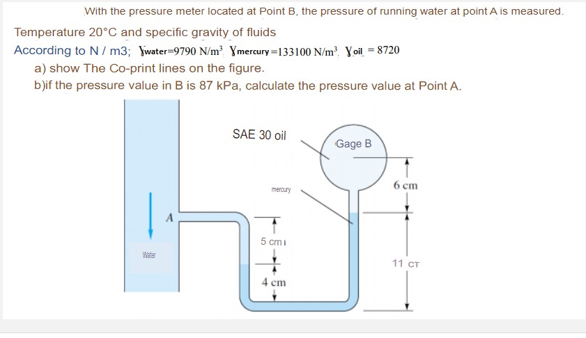 With the pressure meter located at Point B, the pressure of running water at point A is measured.
Temperature 20°C and specific gravity of fluids
According to N/ m3; Ywater=9790 N/m?. \mercury =133100 N/m³. Yoil = 8720
a) show The Co-print lines on the figure.
b)if the pressure value in B is 87 kPa, calculate the pressure value at Point A.
SAE 30 oil
Gage B
6 ст
mercury
A
5 cmi
Water
11 ст
4 cm
