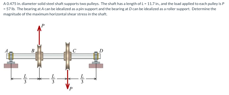 A0.475 in. diameter solid steel shaft supports two pulleys. The shaft has a length of L = 11.7 in., and the load applied to each pulley is P
= 57 lb. The bearing at A can be idealized as a pin support and the bearing at D can be idealized as a roller support. Determine the
magnitude of the maximum horizontal shear stress in the shaft.
A
В
D
L
3
3
3
