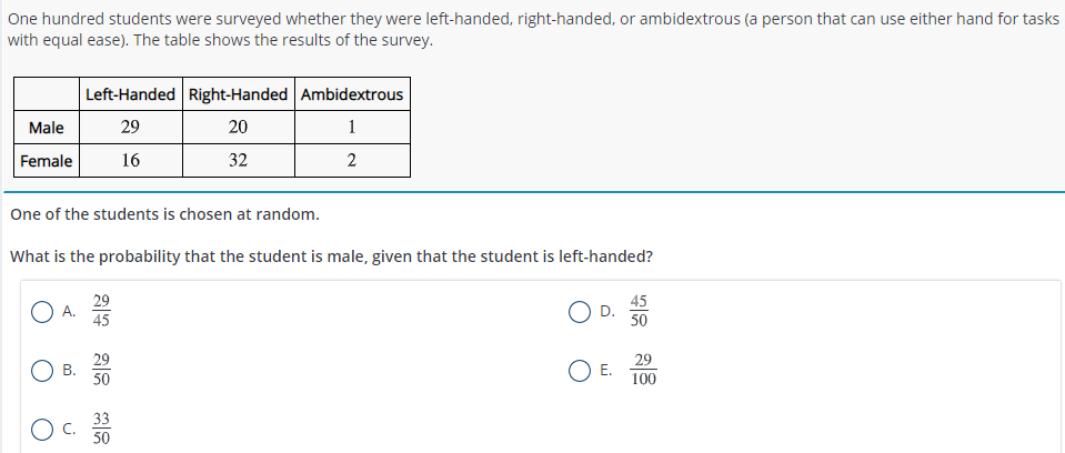 One hundred students were surveyed whether they were left-handed, right-handed, or ambidextrous (a person that can use either hand for tasks
with equal ease). The table shows the results of the survey.
Left-Handed Right-Handed Ambidextrous
Male
29
20
1
Female
16
32
One of the students is chosen at random.
What is the probability that the student is male, given that the student is left-handed?
29
A.
45
45
50
29
В.
50
29
E.
100
33
50

