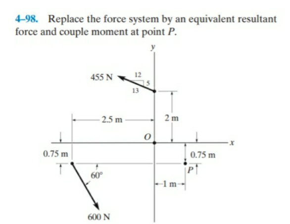 4-98. Replace the force system by an equivalent resultant
force and couple moment at point P.
455 N
12
13
- 2.5 m
2 m
0.75 m
0.75 m
Pt
60°
-1m-
600 N
