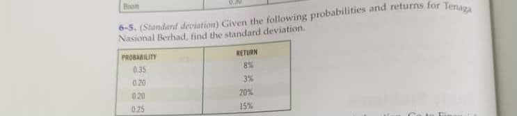 Boom
Nasional Berhad, find the standard deviation.
PROBABILITY
RETURN
0.35
8%
0.20
3%
0.20
20%
025
15%
