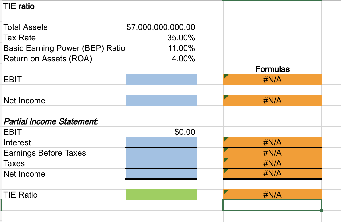 TIE ratio
Total Assets
Tax Rate
Basic Earning Power (BEP) Ratio
Return on Assets (ROA)
EBIT
Net Income
Partial Income Statement:
EBIT
Interest
Earnings Before Taxes
Taxes
Net Income
TIE Ratio
$7,000,000,000.00
35.00%
11.00%
4.00%
$0.00
Formulas
#N/A
#N/A
#N/A
#N/A
#N/A
#N/A
#N/A