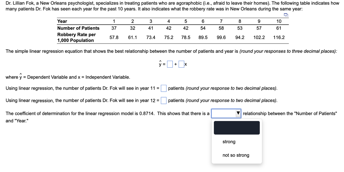 Dr. Lillian Fok, a New Orleans psychologist, specializes in treating patients who are agoraphobic (i.e., afraid to leave their homes). The following table indicates how
many patients Dr. Fok has seen each year for the past 10 years. It also indicates what the robbery rate was in New Orleans during the same year:
Year
Number of Patients
Robbery Rate per
1,000 Population
1
2
3
4
37
32
41
42
57.8 61.1 73.4 75.2
5
42
78.5
where y = Dependent Variable and x = Independent Variable.
Using linear regression, the number of patients Dr. Fok will see in year 11 =
Using linear regression, the number of patients Dr. Fok will see in year 12 =
6
7
8
9
10
54
58
53
57
61
89.5 99.6 94.2 102.2 116.2
The simple linear regression equation that shows the best relationship between the number of patients and year is (round your responses to three decimal places):
ŷ=+x
patients (round your response to two decimal places).
patients (round your response to two decimal places).
The coefficient of determination for the linear regression model is 0.8714. This shows that there is a
and "Year."
strong
relationship between the "Number of Patients"
not so strong