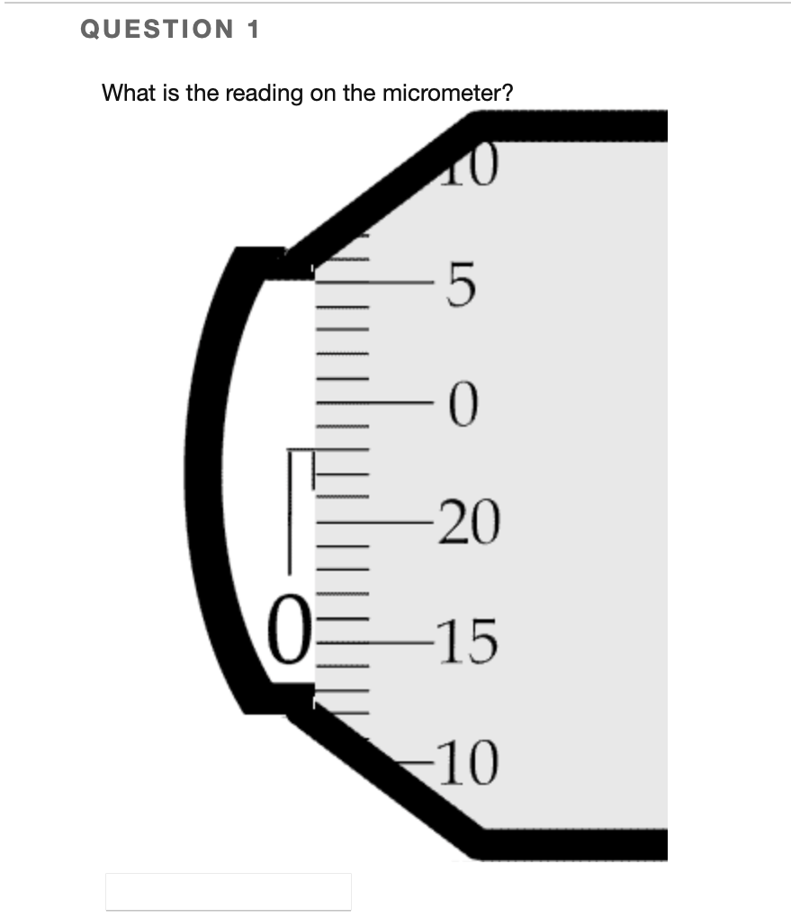 QUESTION 1
What is the reading on the micrometer?
20
0
-15
10
LO
