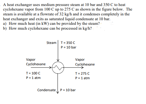 A heat exchanger uses medium pressure steam at 10 bar and 350 C to heat
cyclohexane vapor from 100 C up to 275 C as shown in the figure below. The
steam is available at a flowrate of 32 kg/h and it condenses completely in the
heat exchanger and exits as saturated liquid condensate at 10 bar.
a) How much heat (in kW) can be provided by the steam?
b) How much cyclohexane can be processed in kg/h?
Vapor
Cyclohexane
T = 100 C
P = 1 atm
Steam T = 350 C
= 10 bar
Condensate
P
Vapor
Cyclohexane
T = 275 C
P = 1 atm
P = 10 bar