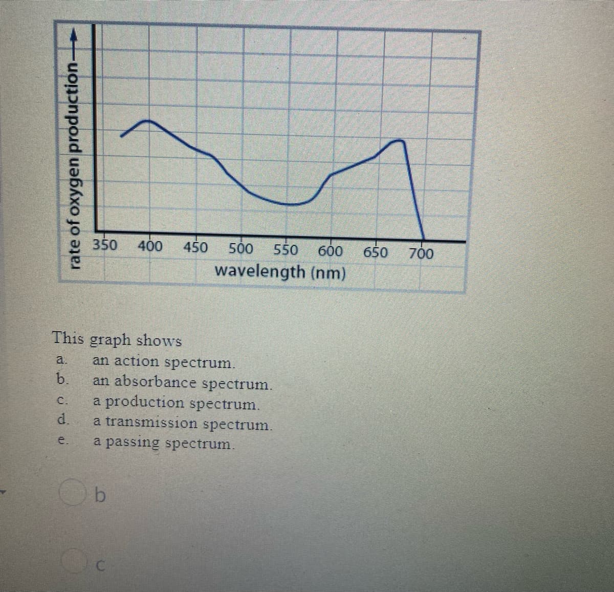 rate of oxygen production—
350 400 450 500 550 600
wavelength (nm)
This graph shows
b.
c.
ro
an action spectrum.
an absorbance spectrum.
a production spectrum.
a transmission spectrum.
a passing spectrum.
b
650 700