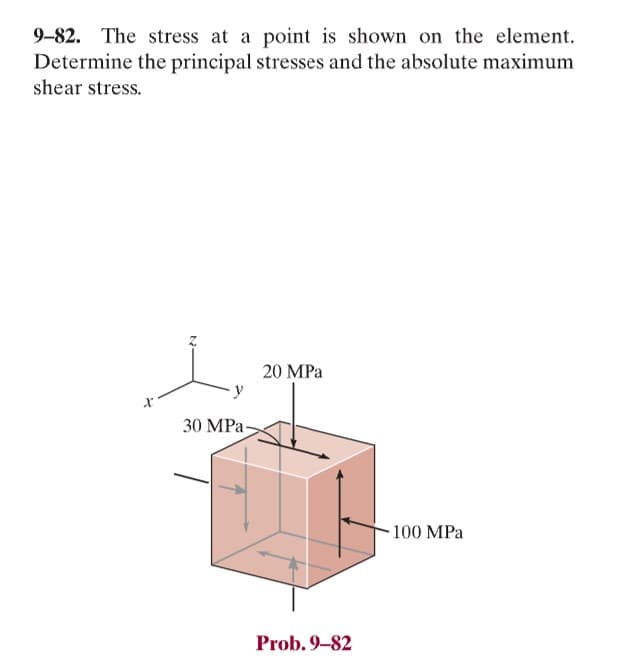 9-82. The stress at a point is shown on the element.
Determine the principal stresses and the absolute maximum
shear stress.
X
N
20 MPa
y
30 MPa
Prob. 9-82
-100 MPa