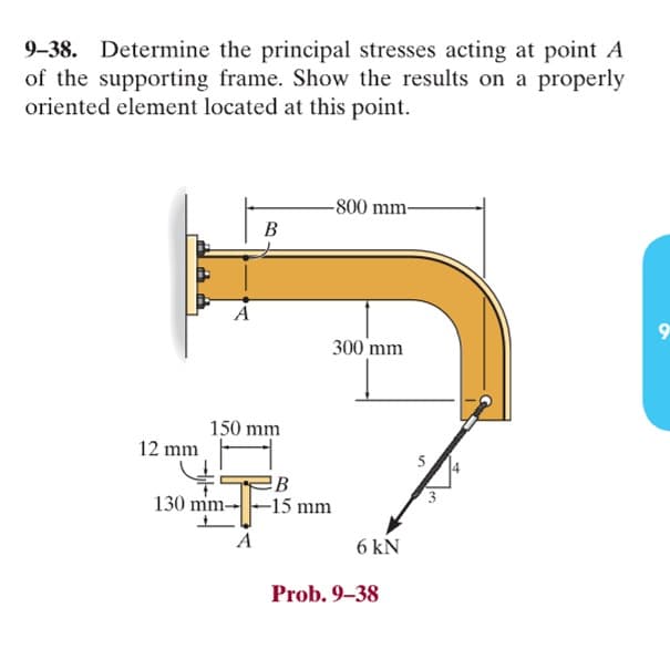 9-38. Determine the principal stresses acting at point A
of the supporting frame. Show the results on a properly
oriented element located at this point.
12 mm
A
130 mm-
+
B
150 mm
-800 mm-
ев
-15 mm
300 mm
6 kN
Prob. 9-38
5
9
