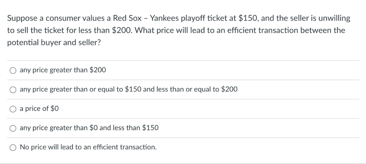 Suppose a consumer values a Red Sox - Yankees playoff ticket at $150, and the seller is unwilling
to sell the ticket for less than $200. What price will lead to an efficient transaction between the
potential buyer and seller?
any price greater than $200
O any price greater than or equal to $150 and less than or equal to $200
a price of $0
O any price greater than $0 and less than $150
No price will lead to an efficient transaction.