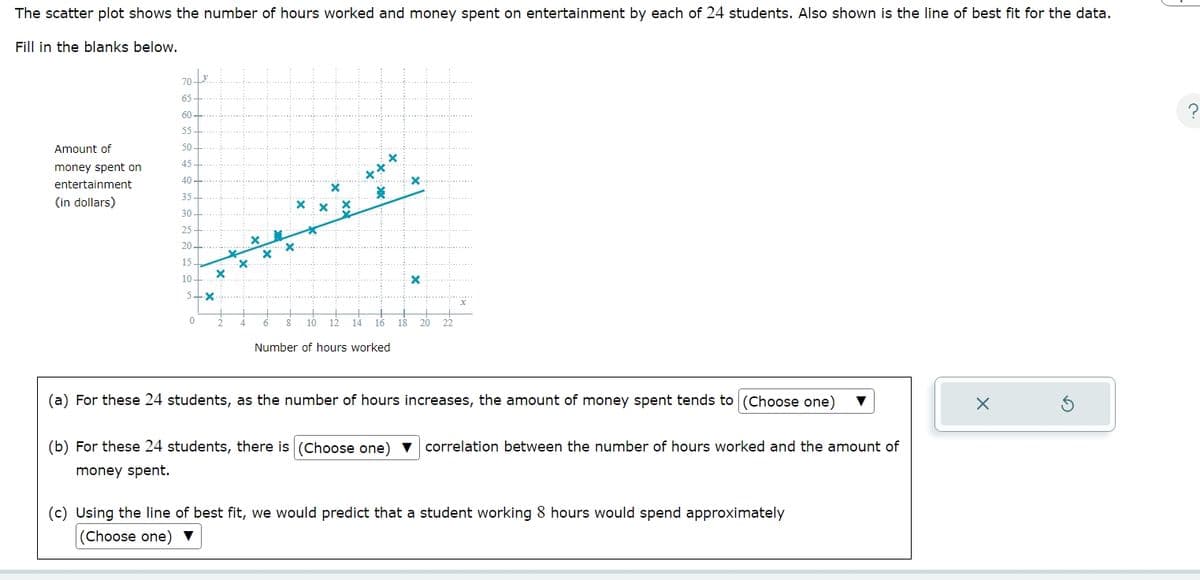 The scatter plot shows the number of hours worked and money spent on entertainment by each of 24 students. Also shown is the line of best fit for the data.
Fill in the blanks below.
70
65
60
55.
Amount of
50
×
45
money spent on
entertainment
40+
(in dollars)
35.
× ×
30
25
20
15.
×
10+
5-x
0
6
8 10 12 14
16
18 20 22
Number of hours worked
(a) For these 24 students, as the number of hours increases, the amount of money spent tends to (Choose one)
(b) For these 24 students, there is (Choose one)
money spent.
correlation between the number of hours worked and the amount of
(c) Using the line of best fit, we would predict that a student working 8 hours would spend approximately
(Choose one) ▼
ك
?