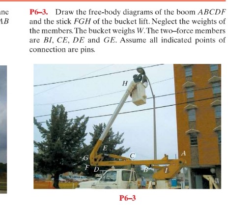 ane
AB
P6-3. Draw the free-body diagrams of the boom ABCDF
and the stick FGH of the bucket lift. Neglect the weights of
the members. The bucket weighs w.The two-force members
are BI, CE, DE and GE. Assume all indicated points of
connection are pins.
E
G
F D
Ро-3
