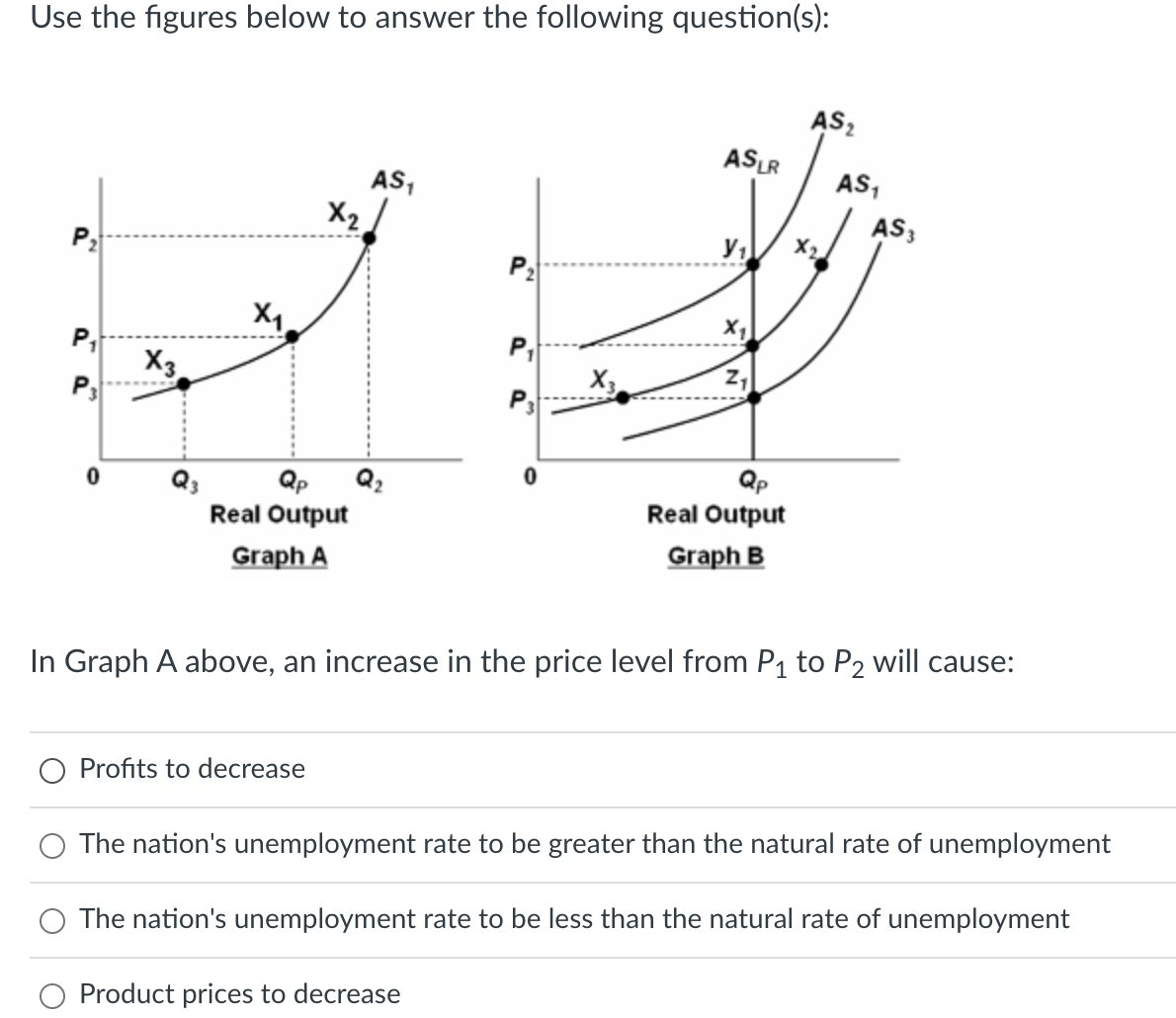 Use the figures below to answer the following question(s):
P₁
P3
0
X3
X₁
X₂
Qp
Real Output
Graph A
Profits to decrease
AS₁
X₂
ASLR
Product prices to decrease
ут
X
Qp
Real Output
Graph B
AS₂
AS₁
In Graph A above, an increase in the price level from P₁ to P₂ will cause:
AS 3
The nation's unemployment rate to be greater than the natural rate of unemployment
The nation's unemployment rate to be less than the natural rate of unemployment