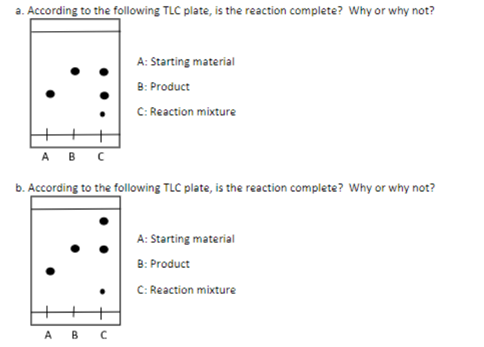 a. According to the following TLC plate, is the reaction complete? Why or why not?
A: Starting material
B: Product
C: Reaction mixture
A B C
b. According to the following TLC plate, is the reaction complete? Why or why not?
A: Starting material
B: Product
C: Reaction mixture
A B C
