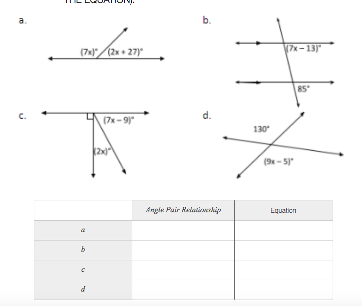 a.
b.
(7x) (2x + 27)°
(7x – 13)"
85
c.
d.
(7x-9)
130
(2x)
(9x - 5)"
Angle Pair Relationship
Equation
a
b
d
