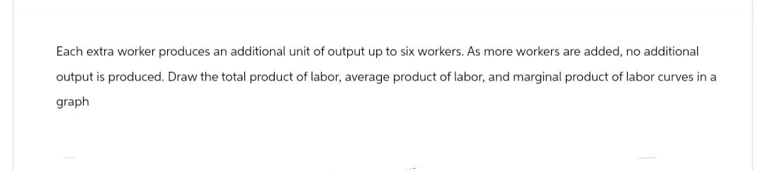 Each extra worker produces an additional unit of output up to six workers. As more workers are added, no additional
output is produced. Draw the total product of labor, average product of labor, and marginal product of labor curves in a
graph