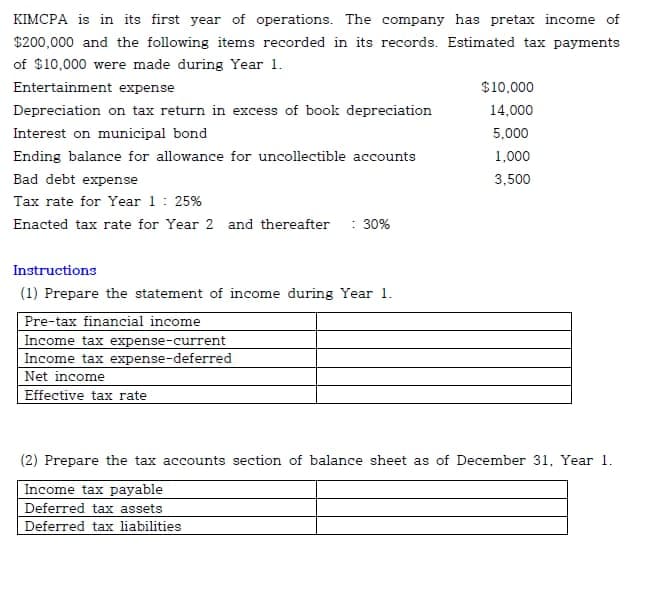 (1) Prepare the statement of income during Year 1.
Pre-tax financial income
Income tax expense-current
Income tax expense-deferred
Net income
Effective tax rate
(2) Prepare the tax accounts section of balance sheet as of December 31, Year 1.
|Income tax payable
Deferred tax assets
Deferred tax liabilities
