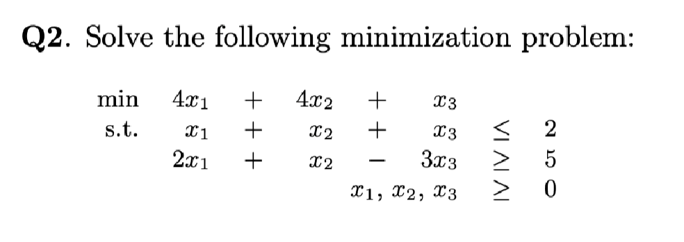 Q2. Solve the following minimization problem:
min
4x1
4x2
+
X3
2
X2
+
X3
s.t.
3x3
5
2x1
X2
X1, X2, x3
VI ΛΙ Λ
+ +
