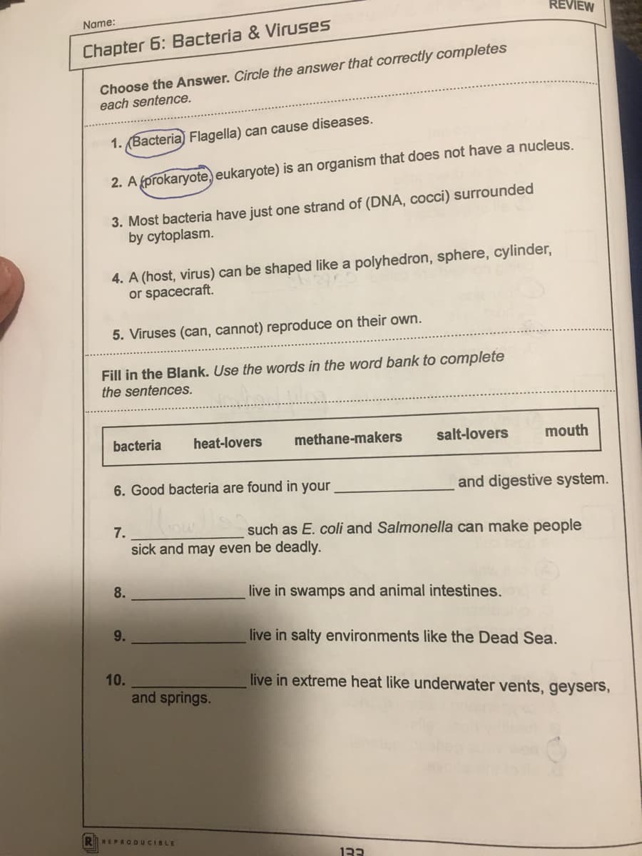 REVIEW
Name:
Chapter 6: Bacteria & Viruses
Choose the Answer. Circle the answer that correctly completes
each sentence.
1. (Bacteria) Flagella) can cause diseases.
2. A fprokaryote, eukaryote) is an organism that does not have a nucleus.
3. Most bacteria have just one strand of (DNA, cocci) surrounded
by cytoplasm.
4. A (host, virus) can be shaped like a polyhedron, sphere, cylinder,
or spacecraft.
5. Viruses (can, cannot) reproduce on their own.
Fill in the Blank. Use the words in the word bank to complete
the sentences.
bacteria
heat-lovers
methane-makers
salt-lovers
mouth
6. Good bacteria are found in your
and digestive system.
7.
such as E. coli and Salmonella can make people
sick and may even be deadly.
8.
live in swamps and animal intestines.
9.
live in salty environments like the Dead Sea.
10.
live in extreme heat like underwater vents, geysers,
and springs.
REPRODUCIBLE
133
