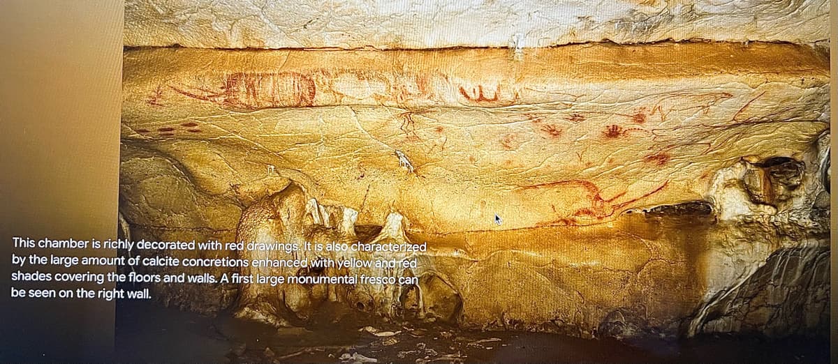 This chamber is richly decorated with red drawings. It is also characterized
by the large amount of calcite concretions enhanced with yellow and red
shades covering the floors and walls. A first large monumental fresco can
be seen on the right wall.