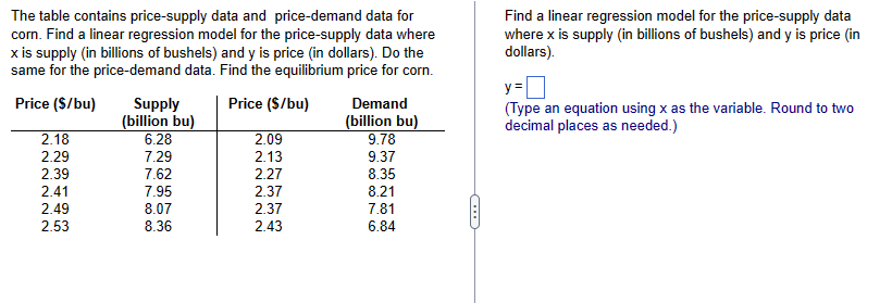 The table contains price-supply data and price-demand data for
corn. Find a linear regression model for the price-supply data where
x is supply (in billions of bushels) and y is price (in dollars). Do the
same for the price-demand data. Find the equilibrium price for corn.
Price ($/bu)
Price ($/bu)
2.18
2.29
2.39
2.41
2.49
2.53
Supply
(billion bu)
6.28
7.29
7.62
7.95
8.07
8.36
2.09
2.13
2.27
2.37
2.37
2.43
Demand
(billion bu)
9.78
9.37
8.35
8.21
7.81
6.84
C
Find a linear regression model for the price-supply data
where x is supply (in billions of bushels) and y is price (in
dollars).
y=
(Type an equation using x as the variable. Round to two
decimal places as needed.)