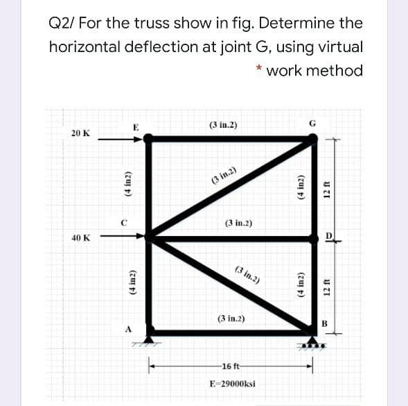 Q2/ For the truss show in fig. Determine the
horizontal deflection at joint G, using virtual
* work method
E
(3 in.2)
G
20 K
(3 in.2)
(3 in.2)
40 K
(3 in.2)
(3 in.2)
B
A.
-16 ft-
E-29000ksi
(4 in2)
(zu t)
(4 in2)
(4 in2)
U ZI
