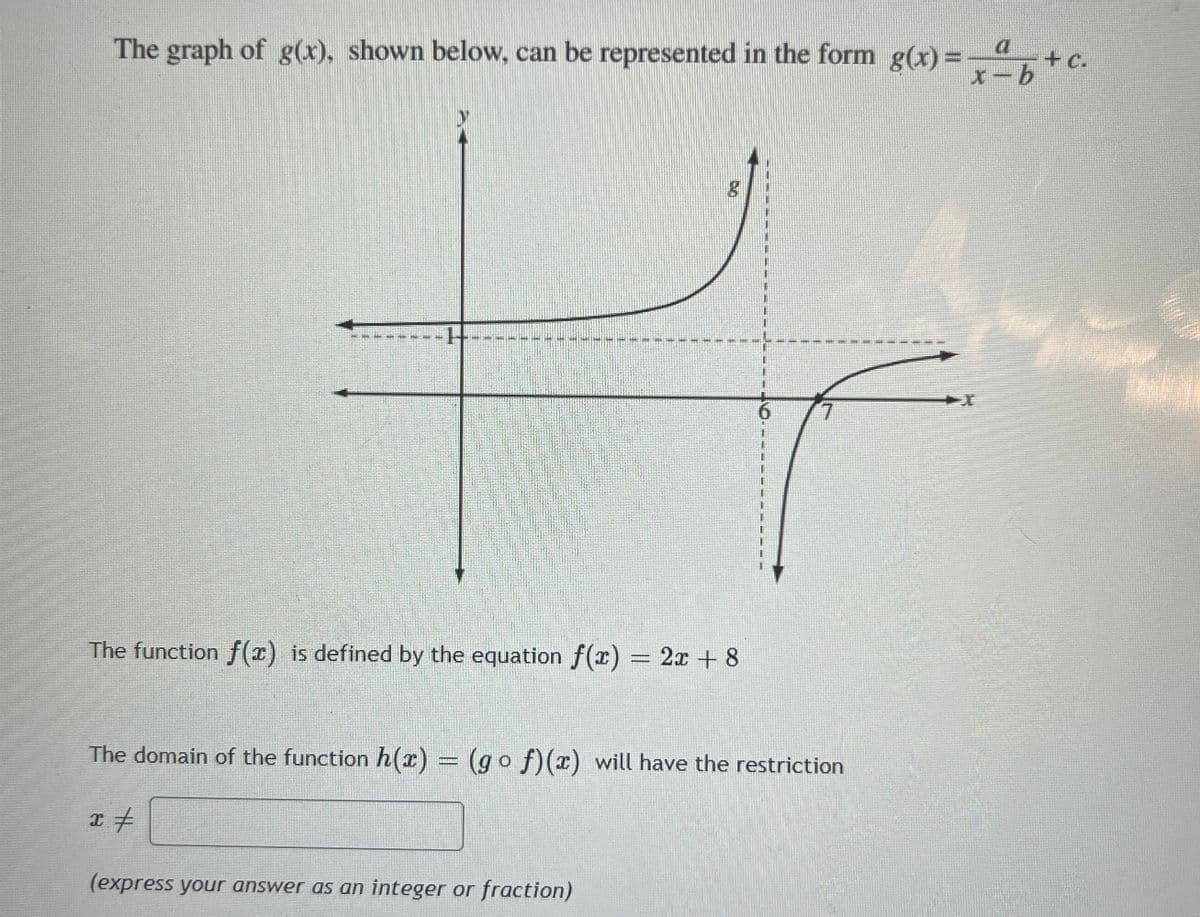 The graph of g(x), shown below, can be represented in the form g(x) = ª
x-b
$
6
E
16
#
16
35
1
35
T
(express your answer as an integer or fraction)
E
T
1
1
g
The function f(x) is defined by the equation f(x) = 2x + 8
7
The domain of the function h(x) = (gof)(x) will have the restriction
+C.