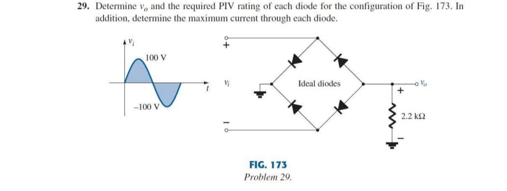 29. Determine v, and the required PIV rating of each diode for the configuration of Fig. 173. In
addition, determine the maximum current through each diode.
100 V
Ideal diodes
+
-100 V
2.2 k2
FIG. 173
Problem 29.
