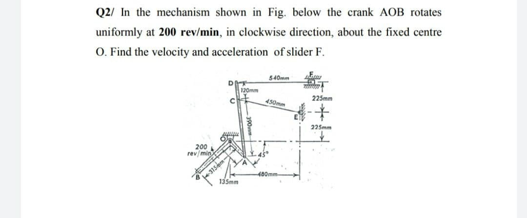 Q2/ In the mechanism shown in Fig. below the crank AOB rotates
uniformly at 200 rev/min, in clockwise direction, about the fixed centre
O. Find the velocity and acceleration of slider F.
200
rev/min
DAF
www
Oby
315mm-
135mm
120mm
540mm
450mm
480mm-
w
F
TIM
225mm
225mm