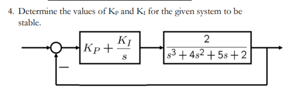 4. Determine the values of Kp and K₁ for the given system to be
stable.
원
Kp+
KI
S
2
83
s³ + 4s² + 5s +2