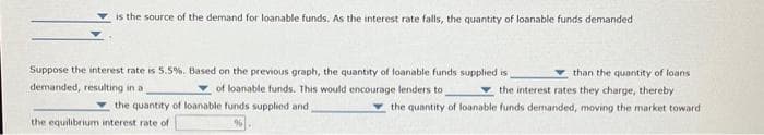 is the source of the demand for loanable funds. As the interest rate falls, the quantity of loanable funds demanded
Suppose the interest rate is 5.5%. Based on the previous graph, the quantity of loanable funds supplied is
demanded, resulting in a
of loanable funds. This would encourage lenders to
the quantity of loanable funds supplied and,
the equilibrium interest rate of
than the quantity of loans
the interest rates they charge, thereby
the quantity of loanable funds demanded, moving the market toward