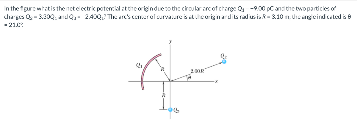 In the figure what is the net electric potential at the origin due to the circular arc of charge Q₁ = +9.00 pC and the two particles of
charges Q2 = 3.30Q1 and Q3 = -2.40Q1? The arc's center of curvature is at the origin and its radius is R = 3.10 m; the angle indicated is
= 21.0°
R
8
2.00R
x
Q2