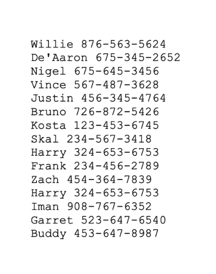 Willie 876-563-5624
De'Aaron 675-345-2652
Nigel 675-645-3456
Vince 567-487-3628
Justin 456-345-4764
Bruno 726-872-5426
Kosta 123-453-6745
Skal 234-567-3418
Harry 324-653-6753
Frank 234-456-2789
Zach 454-364-7839
Harry 324-653-6753
Iman 908-767-6352
Garret 523-647-6540
Buddy 453-647-8987