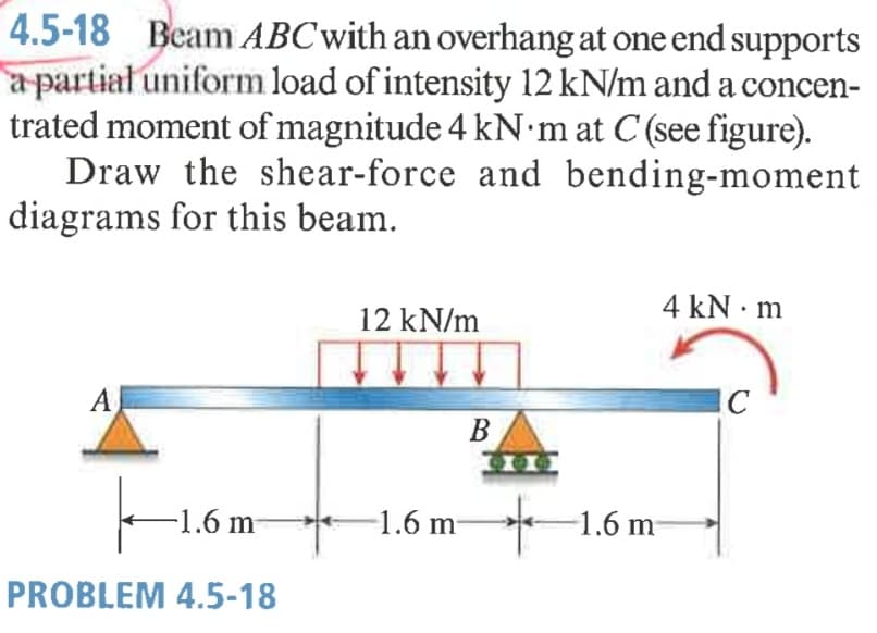4.5-18 Beam ABCwith an overhang at one end supports
a partial uniform load of intensity 12 kN/m and a concen-
trated moment of magnitude 4 kN m at C (see figure).
Draw the shear-force and bending-moment
diagrams for this beam.
4 kN · m
12 kN/m
A
B
-1.6 m
-1.6 m
1.6 m
-
PROBLEM 4.5-18
