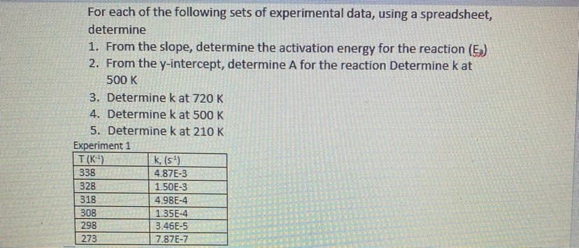 For each of the following sets of experimental data, using a spreadsheet,
determine
1. From the slope, determine the activation energy for the reaction (E)
2. From the y-intercept, determine A for the reaction Determine k at
500 K
3. Determine k at 720 K
4. Determine k at 500 K
5. Determine k at 210 K
Experiment 1
T(K)
k, (s')
4.87E-3
338
328
1.50E-3
318
4.98E-4
308
1.35E-4
3.46E-5
298
273
7,87E-7
