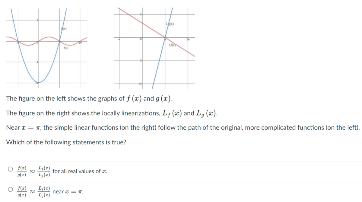 dix)
f(x)
The figure on the left shows the graphs of f (x) and g (x).
The figure on the right shows the locally linearizations, L† (x) and L, (x).
Near x = T, the simple linear functions (on the right) follow the path of the original, more complicated functions (on the left).
Which of the following statements is true?
O {z)
L;(x)
for all real values of x.
L,(x)
9(z)
O f(r)
g(x)
L¡(x)
L,(z)
near x = T.
