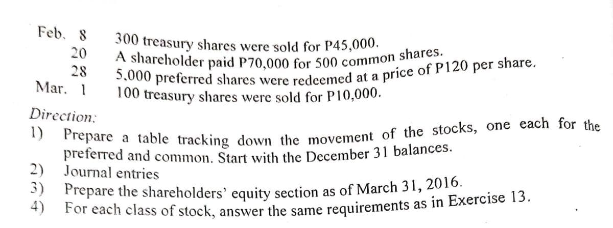 5,000 preferred shares were redeemed at a price of P120
For each class of stock, answer the same requirements as in Exercise 13.
300 treasury shares were sold for P45,000.
Prepare the shareholders' equity section as of March 31, 2016.
preferred and common. Start with the December 31 balances.
A shareholder paid P70,000 for 500 common shares.
100 treasury shares were sold for P10,000.
Feb. 8
20
per share,
28
Mar. 1
Direction:
1)
preferred and common, Start with the December 31 balances.
2)
Journal entries
3)
Prepare the shareholders' equity section as of March 31, 2016.
4)
For each class of stock, answer the same requirements as in Exercise 13.
