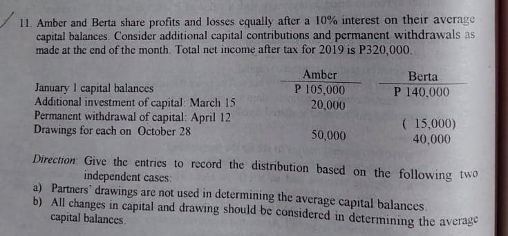 11. Amber and Berta share profits and losses equally after a 10% interest on their average
capital balances. Consider additional capital contributions and permanent withdrawals as
made at the end of the month. Total net income after tax for 2019 is P320,000.
Amber
P 105,000
20,000
Berta
January 1 capital balances
Additional investment of capital: March 15
Permanent withdrawal of capital: April 12
Drawings for each on October 28
P 140,000
( 15,000)
40,000
50,000
Direction: Give the entries to record the distribution based on the following two
independent cases:
a) Partners' drawings are not used in determining the average capital balances.
b) All changes in capital and drawing should be considered in determining the average
capital balances.

