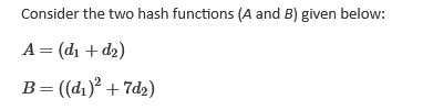 Consider the two hash functions (A and B) given below:
A = (dı + d2)
B= ((d1)² + 7d2)
