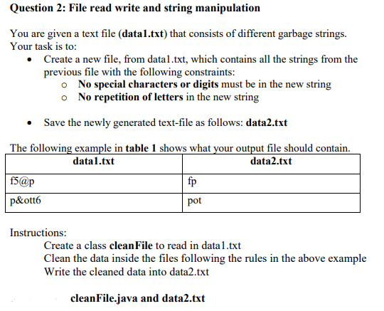 Question 2: File read write and string manipulation
You are given a text file (data1.txt) that consists of different garbage strings.
Your task is to:
• Create a new file, from data1.txt, which contains all the strings from the
previous file with the following constraints:
o No special characters or digits must be in the new string
o No repetition of letters in the new string
Save the newly generated text-file as follows: data2.txt
The following example in table 1 shows what your output file should contain.
datal.txt
data2.txt
f5@p
fp
p&ott6
pot
Instructions:
Create a class cleanFile to read in data1.txt
Clean the data inside the files following the rules in the above example
Write the cleaned data into data2.txt
cleanFile.java and data2.txt
