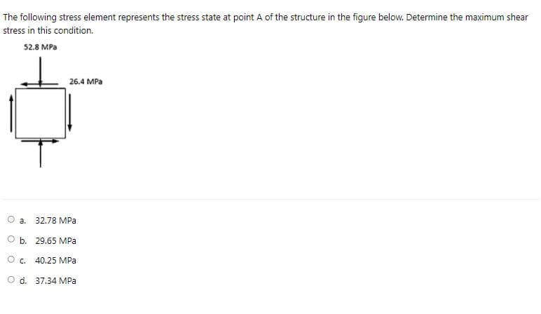 The following stress element represents the stress state at point A of the structure in the figure below. Determine the maximum shear
stress in this condition.
52.8 MPa
26.4 MPa
O a.
32.78 MPa
O b. 29.65 MPa
Oc.
40.25 MPa
O d. 37.34 MPa

