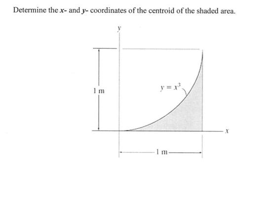Determine the x- and y- coordinates of the centroid of the shaded
area.
y = x
1 m-
