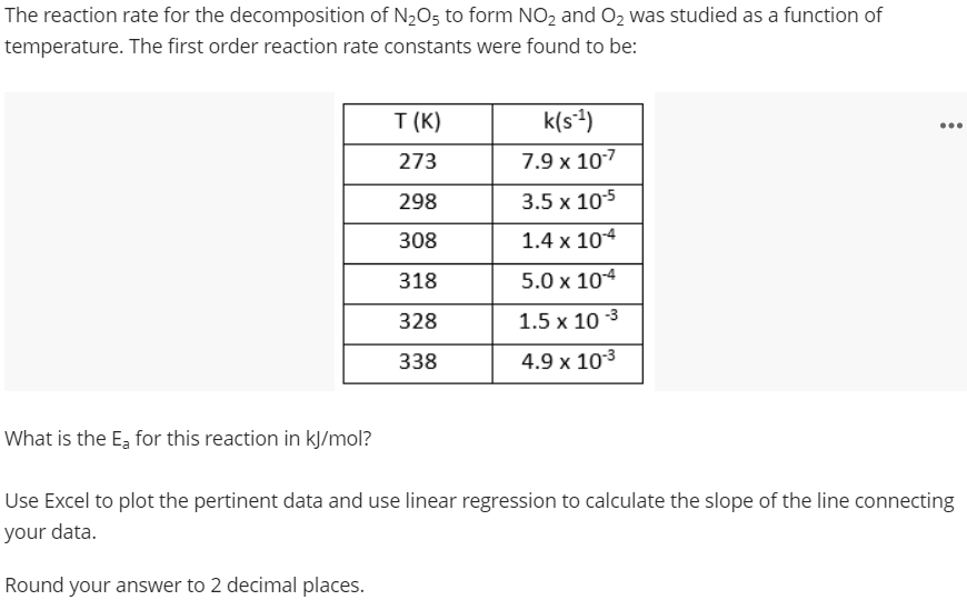 The reaction rate for the decomposition of N,O5 to form NO2 and O2 was studied as a function of
temperature. The first order reaction rate constants were found to be:
T (K)
k(s*)
273
7.9 x 107
298
3.5 x 105
308
1.4 x 104
318
5.0 x 104
328
1.5 x 10 3
338
4.9 x 103
What is the E, for this reaction in kJ/mol?
Use Excel to plot the pertinent data and use linear regression to calculate the slope of the line connecting
your data.
Round your answer to 2 decimal places.
