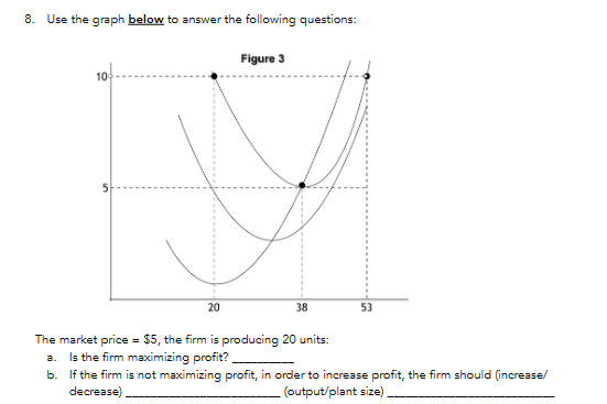 8. Use the graph below to answer the following questions:
10
5
20
Figure 3
38
53
The market price = $5, the firm is producing 20 units:
a. Is the firm maximizing profit?
b. If the firm is not maximizing profit, in order to increase profit, the firm should (increase/
decrease)
(output/plant size).