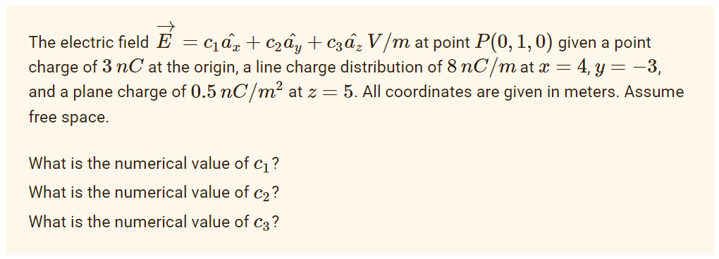 The electric field E = C1ấx + C2ấy + C3ấ₂ V/m at point P(0, 1, 0) given a point
charge of 3 nC at the origin, a line charge distribution of 8 nC/m at x = = 4, y = -3,
and a plane charge of 0.5 nC/m² at z = 5. All coordinates are given in meters. Assume
free space.
What is the numerical value of C₁?
What is the numerical value of c₂?
What is the numerical value of C3?