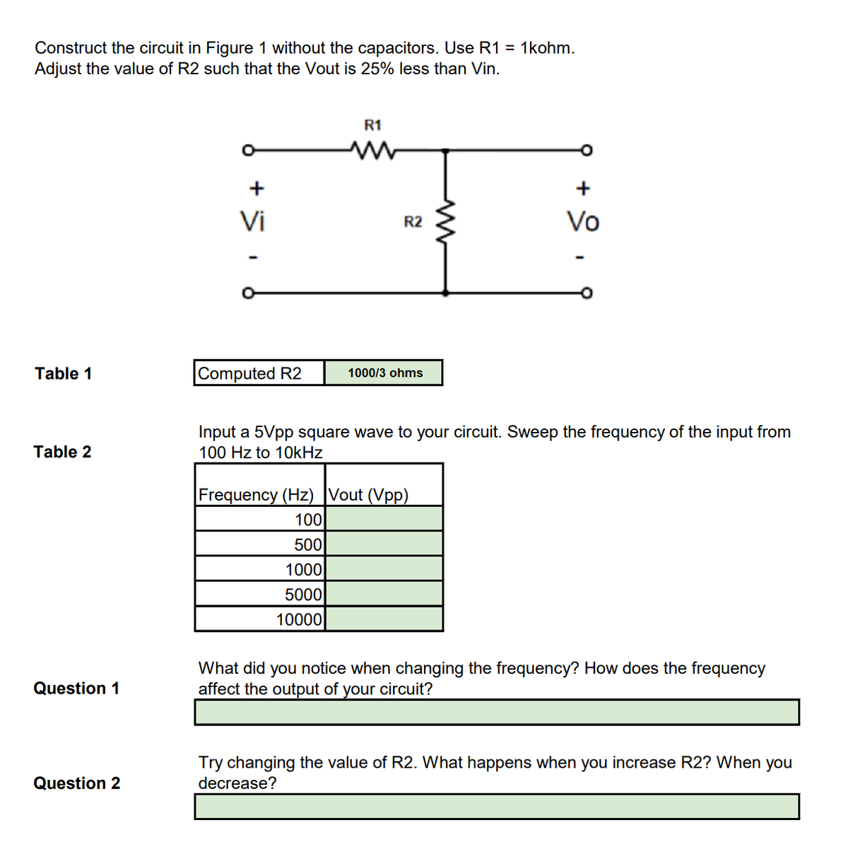 Construct the circuit in Figure 1 without the capacitors. Use R1 = 1kohm.
Adjust the value of R2 such that the Vout is 25% less than Vin.
Table 1
Table 2
Question 1
Question 2
Vi
Computed R2
R1
R2
1000/3 ohms
Vo
Input a 5Vpp square wave to your circuit. Sweep the frequency of the input from
100 Hz to 10kHz
Frequency (Hz) Vout (Vpp)
100
500
1000
5000
10000
What did you notice when changing the frequency? How does the frequency
affect the output of your circuit?
Try changing the value of R2. What happens when you increase R2? When you
decrease?